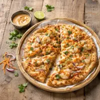 Thai peanut shrimp pizza with mozzarella, carrots and cilantro