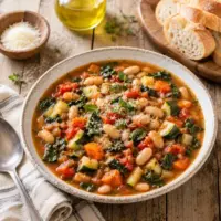 Tuscan Bean Vegetable Stew with cannellini beans, kidney beans, vegetables, and fresh parsley in a rustic bowl.