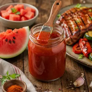 Watermelon BBQ Sauce served in a small bowl with fresh watermelon and grilled food on a wooden table.