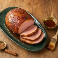White wine ham glaze with Dijon mustard, brown sugar, cinnamon and cloves on roasted ham