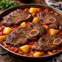 ALT text: Aguja de Ternera beef stew served in a rustic pan on a rustic wooden table.