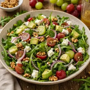Arugula Grape Avocado Salad with fresh grapes, creamy avocado, goat cheese, toasted walnuts, and white balsamic vinaigrette.