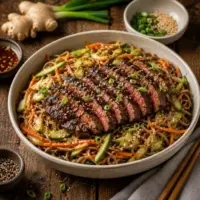 Sesame Steak Salad with grilled flank steak, soba noodles, cucumber, carrot, and sesame ginger dressing served in a rustic bowl.
