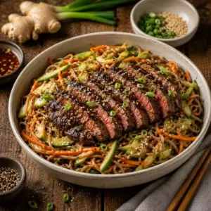 Sesame Steak Salad with grilled flank steak, soba noodles, cucumber, carrot, and sesame ginger dressing served in a rustic bowl.