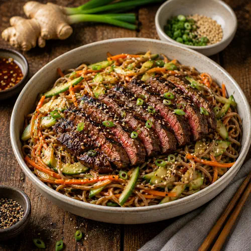Sesame Steak Salad with grilled flank steak, soba noodles, cucumber, carrot, and sesame ginger dressing served in a rustic bowl.