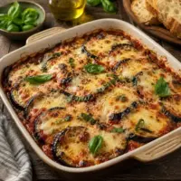 Golden baked aubergine layered with rich tomato sauce, melted mozzarella and Parmesan, garnished with fresh basil in a rustic oven dish.