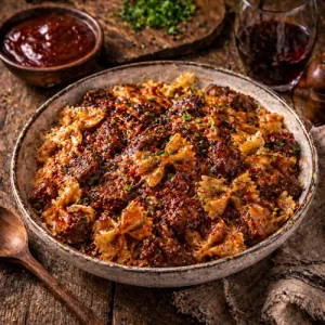 bbq beef bow tie pasta on rustic wooden table