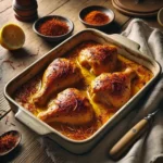 Baked Chicken With Saffron on rustic wooden table