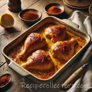 Baked Chicken With Saffron on rustic wooden table