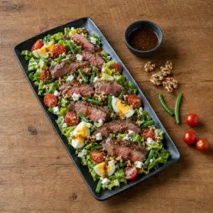 Balsamic ribeye steak salad with green beans, eggs, tomatoes, goat cheese and walnuts