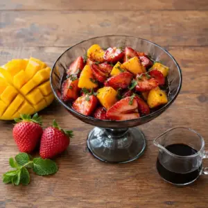 Balsamic strawberry mango salad with fresh mint and glossy fruit syrup in four serving bowls