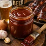 beer barbecue sauce and beer BBQ sauce served on a rustic wooden table in a small bowl