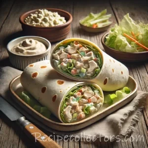 Chicken salad wraps on rustic wooden table
