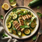 Chicken with courgettes and mint on rustic wooden table