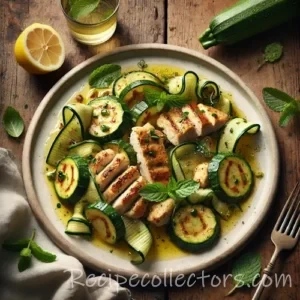 Chicken with courgettes and mint on rustic wooden table