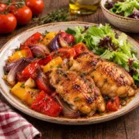 Oven-roasted chicken thighs with sweet red and yellow peppers, tomatoes, red onion, garlic and thyme, finished with smoked paprika and balsamic vinegar.