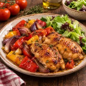Oven-roasted chicken thighs with sweet red and yellow peppers, tomatoes, red onion, garlic and thyme, finished with smoked paprika and balsamic vinegar.
