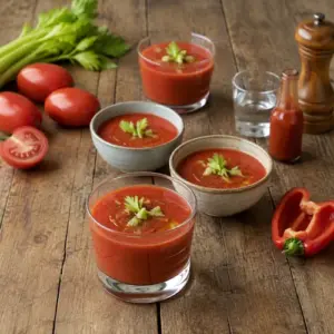 Chilled Bloody Mary soup served in small glasses with celery