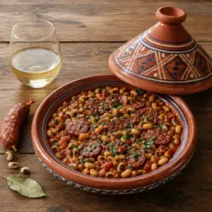 Chorizo bean tagine with black-eyed beans, tomatoes, parsley and sliced Spanish chorizo