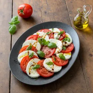 Classic Italian Caprese salad with sliced tomatoes, fresh mozzarella, basil and balsamic vinegar