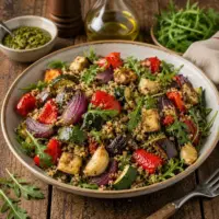 Warm Roasted Vegetable Quinoa Salad served with roasted vegetables, quinoa, and rocket on a rustic wooden table.
