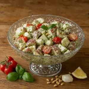 Creamy Caprese potato salad with red potatoes, grape tomatoes, fresh mozzarella and basil pesto dressing