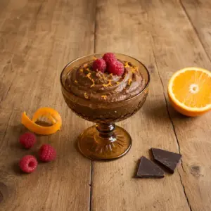 Dark chocolate orange mousse topped with fresh raspberries and finely grated orange zest
