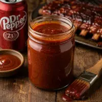 Dr Pepper barbecue sauce served on a rustic wooden table with smoky homemade BBQ sauce
