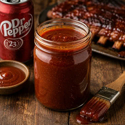 Dr Pepper barbecue sauce served on a rustic wooden table with smoky homemade BBQ sauce