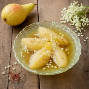 Elderflower poached pears with saffron, apple juice and delicate elderflowers on a rustic wooden table.