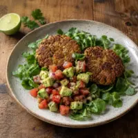 Crispy chickpea falafel burgers with watercress and fresh avocado tomato salsa.