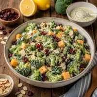 Lemon Poppy Seed Broccoli Salad with cheddar, cranberries, almonds, and creamy lemon dressing served in a rustic bowl.