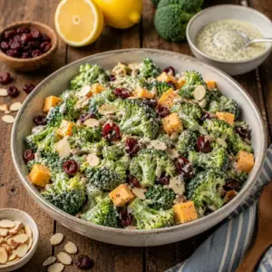 Lemon Poppy Seed Broccoli Salad with cheddar, cranberries, almonds, and creamy lemon dressing served in a rustic bowl.