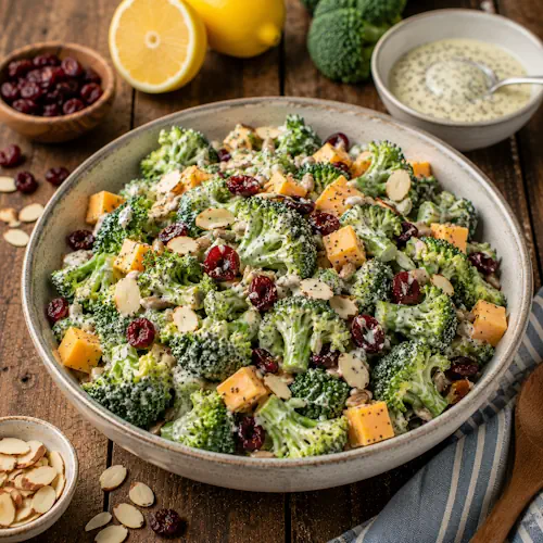 Lemon Poppy Seed Broccoli Salad with cheddar, cranberries, almonds, and creamy lemon dressing served in a rustic bowl.