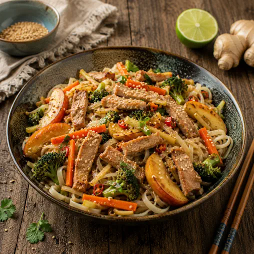 Golden Apple Pork Stir-Fry with tender pork, apples, broccoli, carrots, rice noodles, and toasted sesame seeds.