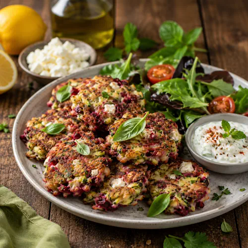 Crispy Vegetable Fritters served with cucumber yogurt dip and mixed leaf salad on a rustic wooden table.