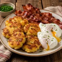 Traditional Potato Drop Scones served with crispy bacon and perfectly poached eggs on a rustic wooden table.