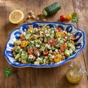Greek chickpea avocado salad with tomatoes, cucumber, feta and lemon dressing