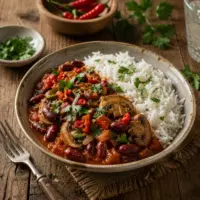 Hearty Mushroom Bean Chilli served over fluffy basmati rice with fresh parsley and mixed mushrooms.