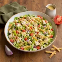 Honey mustard chicken salad with feta, tomatoes and crunchy wonton strips