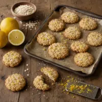 Lemon coconut cookies topped with desiccated coconut and fresh lemon zest