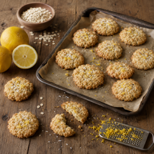 Lemon coconut cookies topped with desiccated coconut and fresh lemon zest