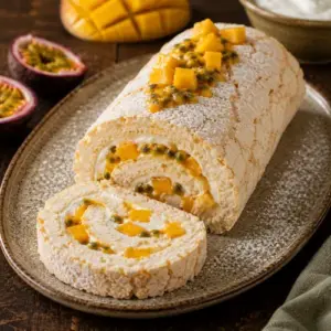 Mango and passion fruit roulade filled with creamy Greek yogurt, fresh mango and passion fruit, served on a rustic ceramic platter.