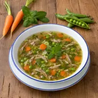Minted spring lamb soup with shredded lamb, baby carrots, peas, spring onions and fresh mint