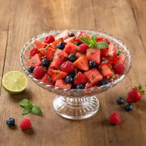 Mojito berry fruit salad with watermelon, strawberries, raspberries, blueberries, lime and fresh mint