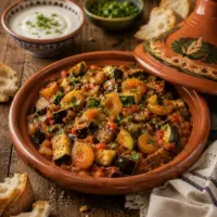 Moroccan Harvest Tagine with aubergines, courgettes, tomatoes, apricots, and fresh herbs served in a traditional tagine.