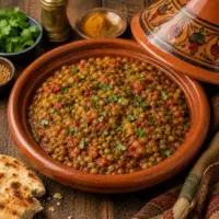 Moroccan Spiced Green Lentils served with tomatoes, coriander, and warm spices in a rustic bowl.