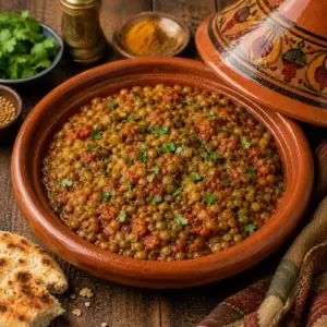 Moroccan Spiced Green Lentils served with tomatoes, coriander, and warm spices in a rustic bowl.