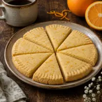 Buttery gluten-free orange shortbread cookies arranged on a rustic ceramic plate with fresh oranges and coffee on a warm dark wooden table.