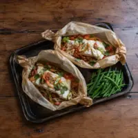 Halibut baked in parchment with tomatoes, spring onions, lime, coriander and green beans.